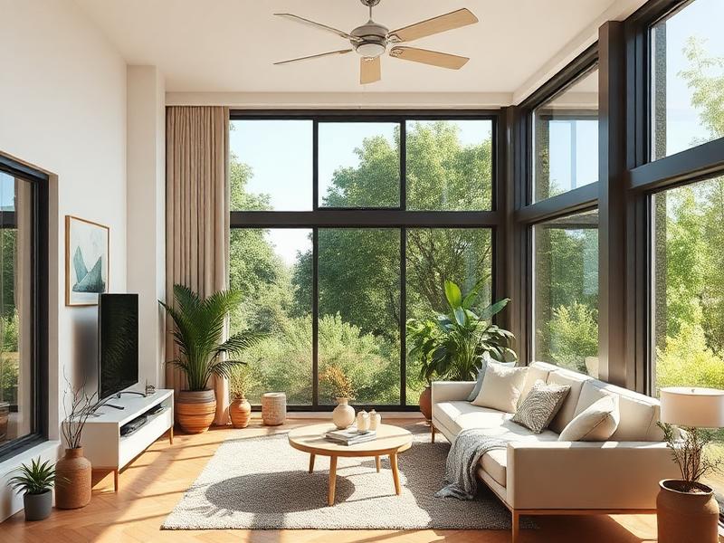 Cool comfortable living room with large tinted windows