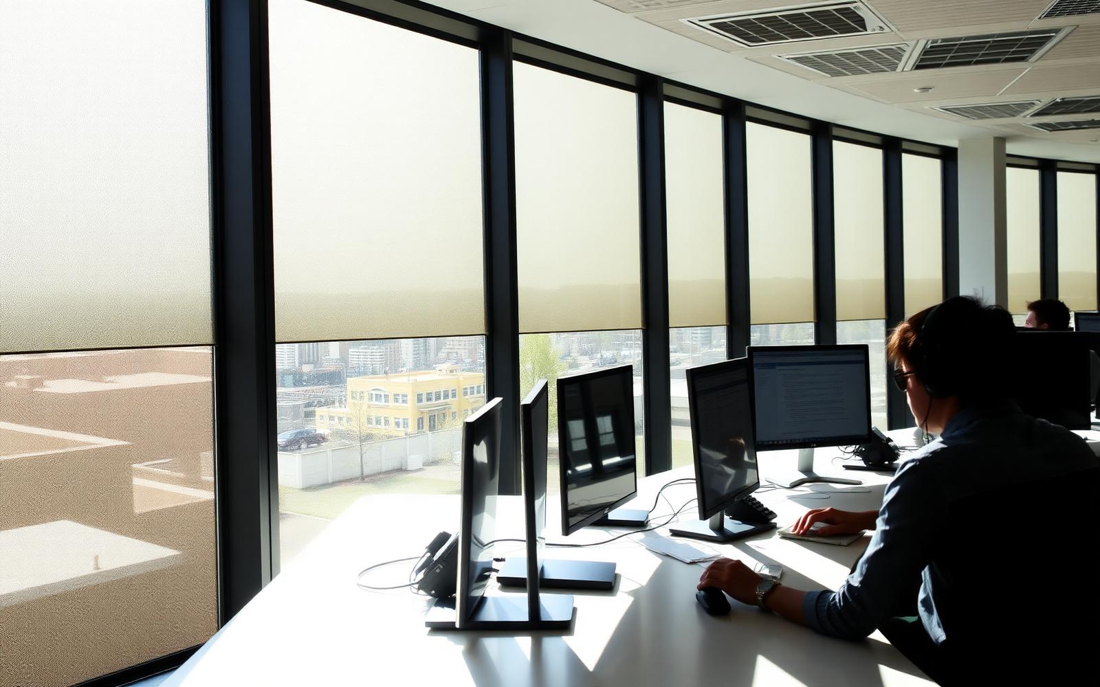 Open-plan office with anti-glare window film