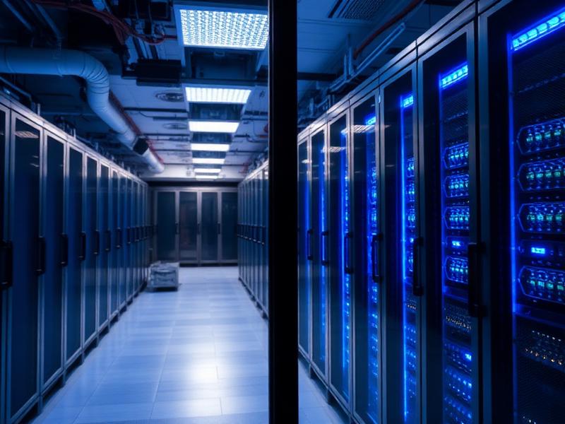 Server room behind a glass wall in a data center