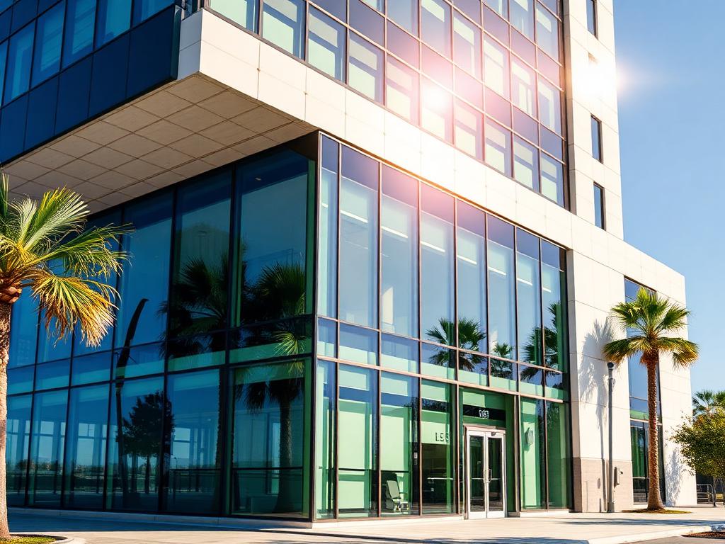 Office interior with tinted windows and filtered daylight