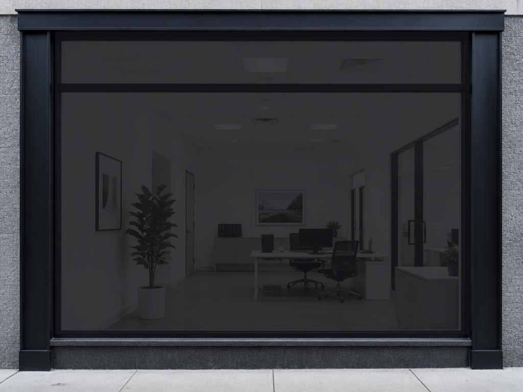 Commercial storefront glass with 15–5% VLT dark window film — heavy darkening for maximum privacy and glare control