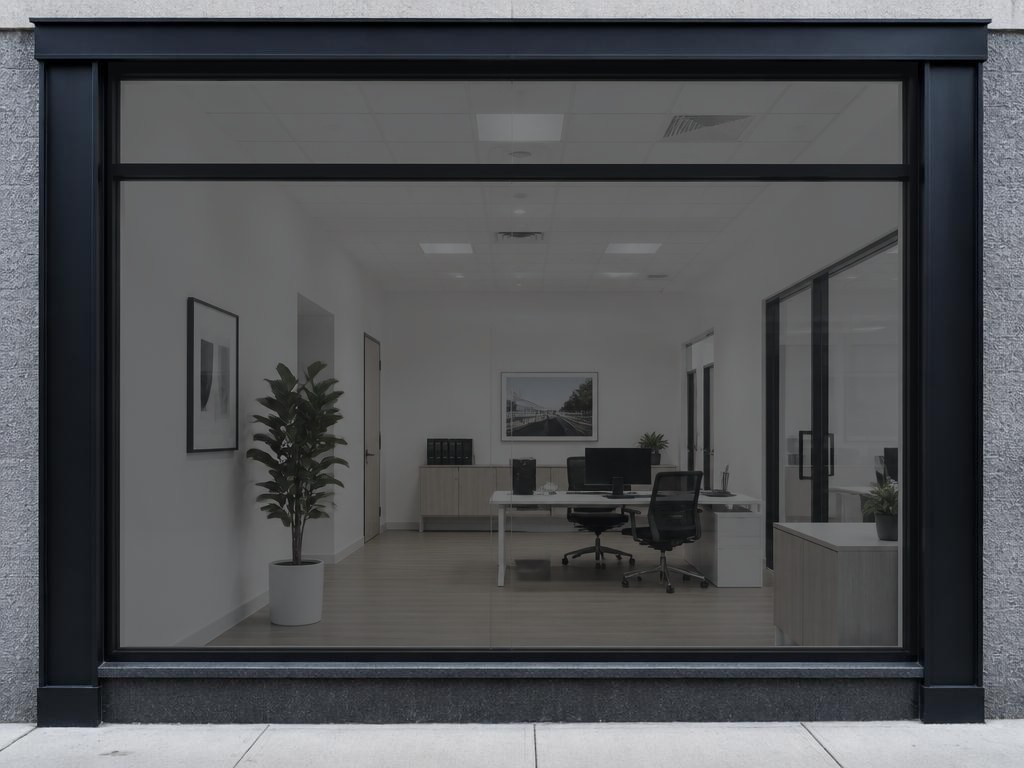 Commercial storefront glass with 20% VLT dark anti-glare film — clearly tinted from outside with strong daytime privacy